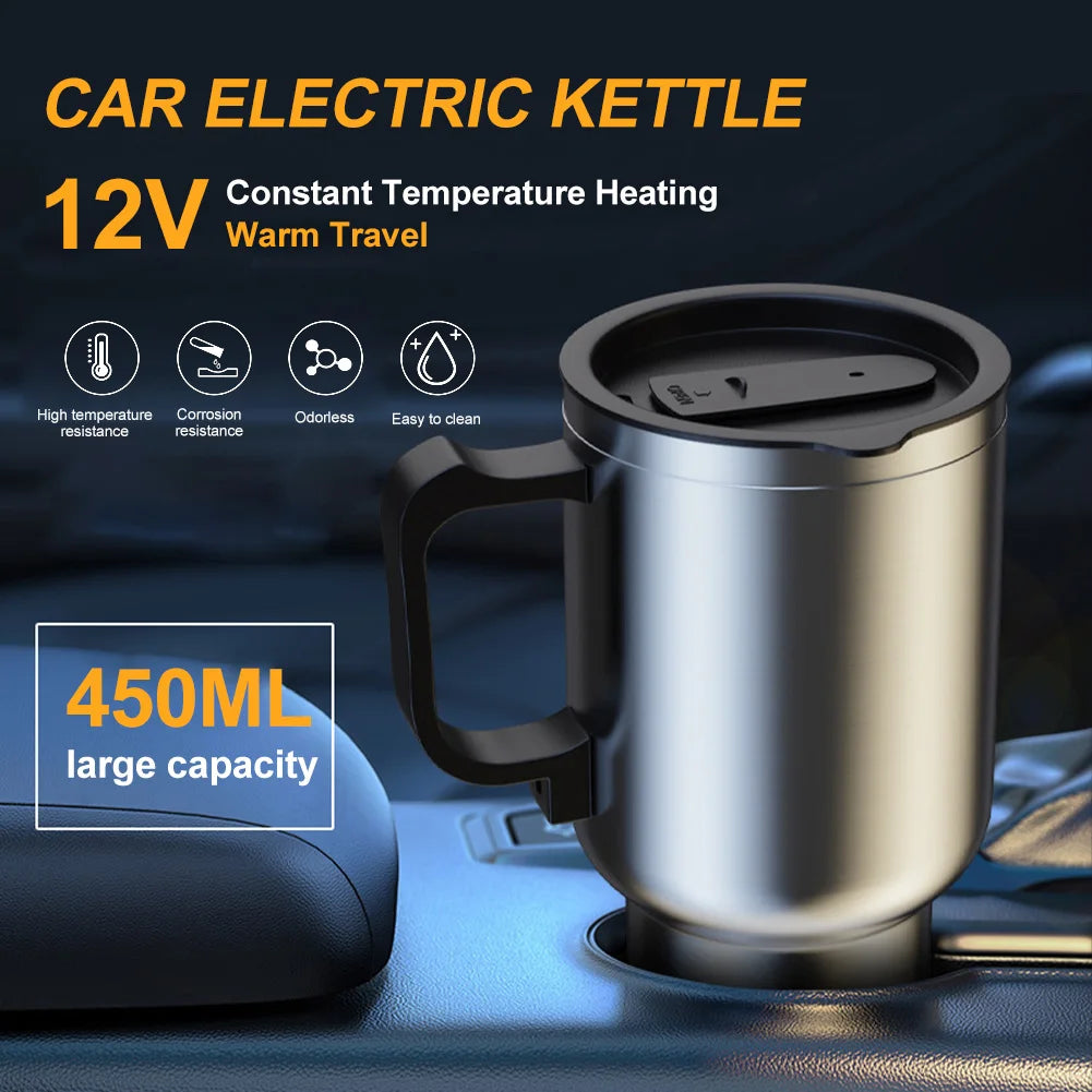 DC 12V Car Electric Kettle 450ml Car Heating Cup Stainless Steel Travel Coffee Mug Double Layer Vacuum Insulation Travel Kettle