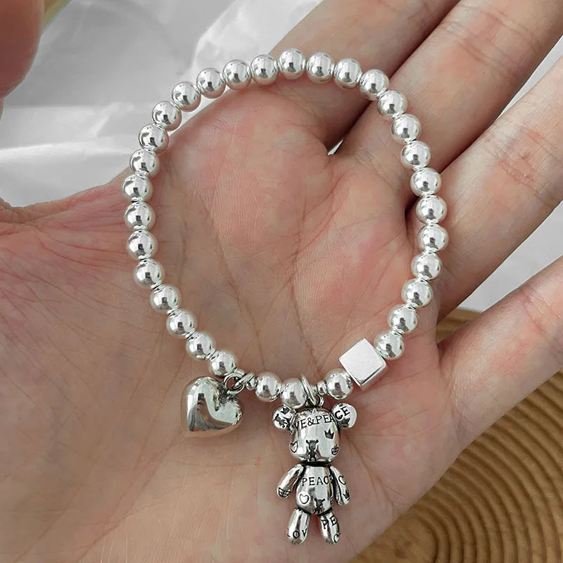 Trendy Love Heart Bear Bracelet for Women Beads Chain Stainless Steel Bracelets Vintage Design Jewelry Party Birthday Gift