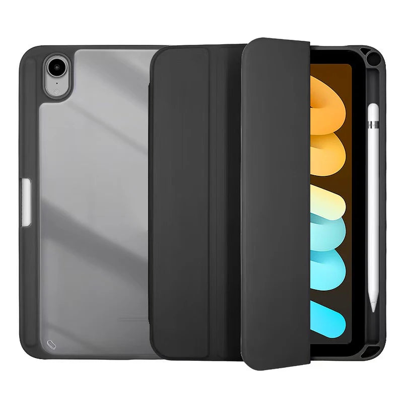 Flip Tablet Cover For iPad Mini 6 8.3'' 2021/Mini 7 2024 (A17 Pro) A2995 Acylic Back Case With Pencil Holder Auto Wake up /Sleep