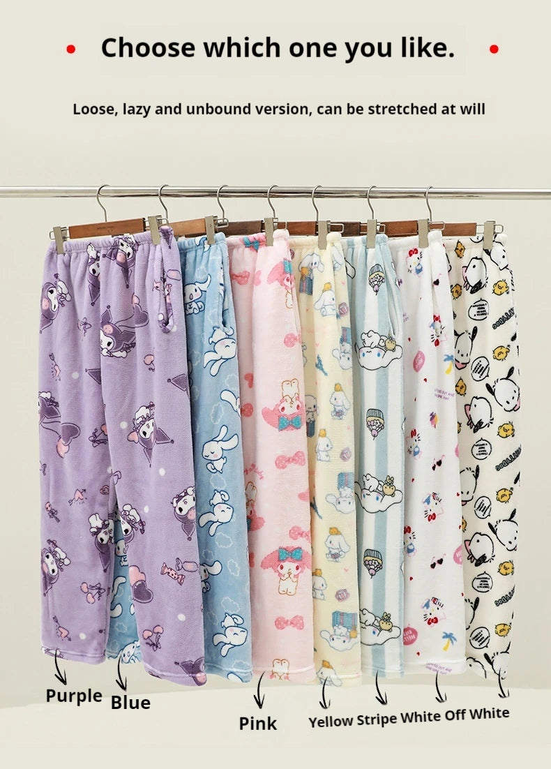Miniso Hello Kitty Kuromi Sleeper Pants With Flannel Thick Fleece For Warmth Casual Cute Cartoon Pattern Girl Christmas Clothing