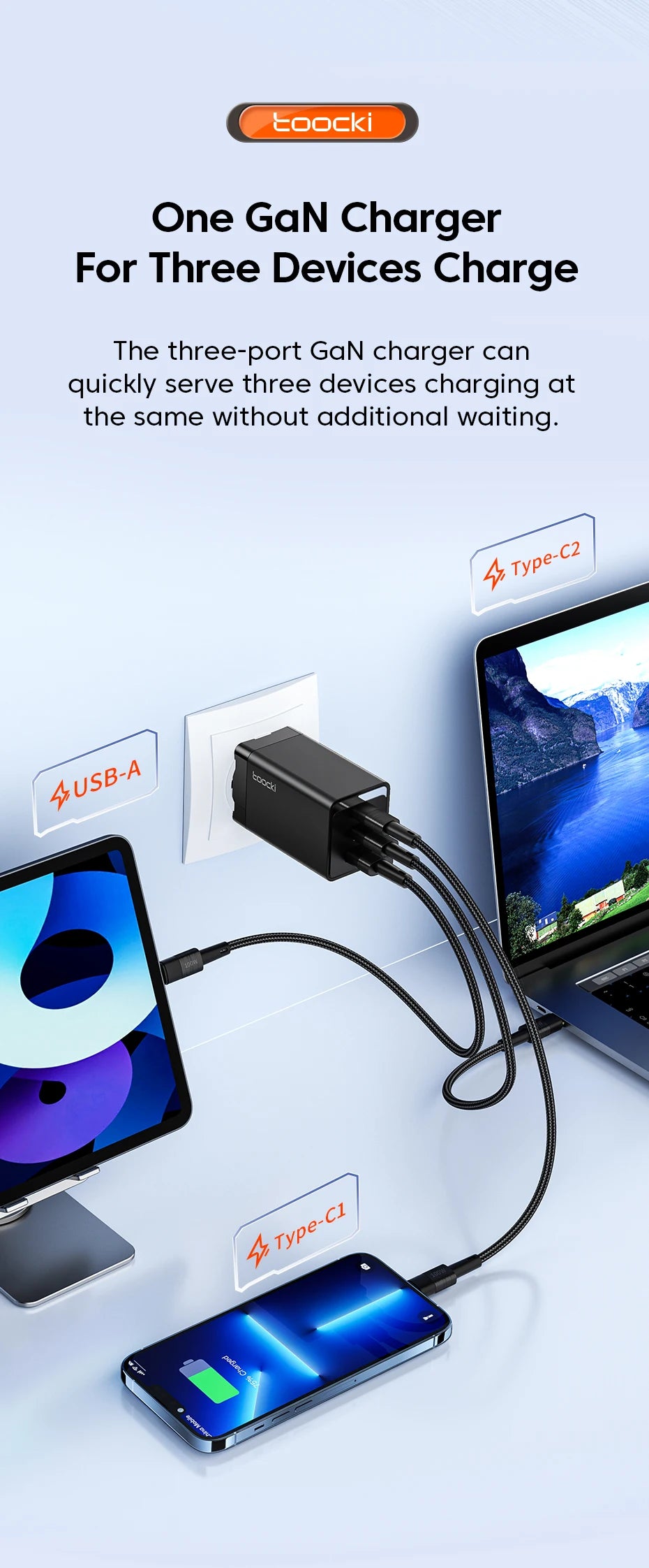 Toocki 67W GaN USB C Charger 65W Quick Charge QC 4.0 PD 3.0 45W Type C Fast USB Charger For iPhone 16 15 14  Pro Samsung MacBook