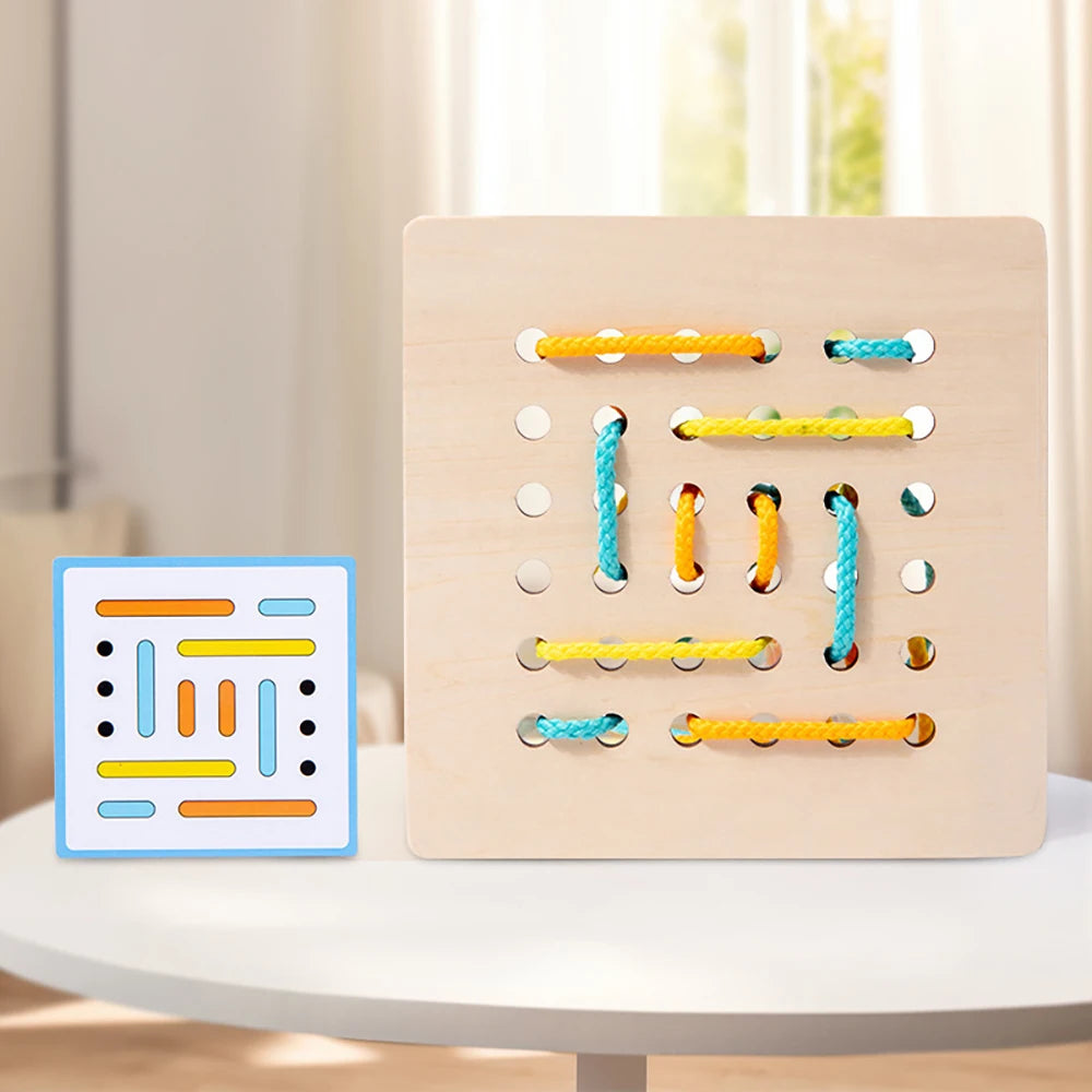 Montessori Wooden Rope Board Manipulative Material Array Block – Graphical Educational Toys With 20Pcs Cards And 6Pcs Rope