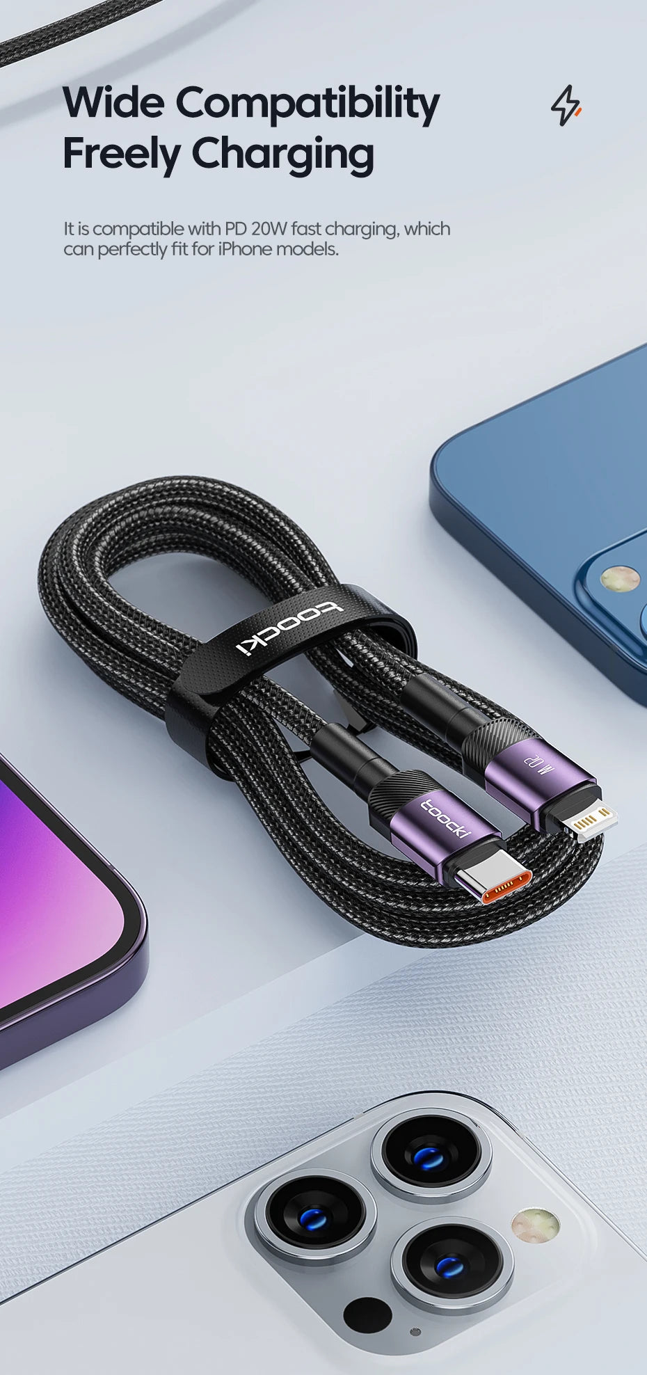 Toocki PD 20W USB C To Lightnin Cable For iPhone 15 14 13 12 11 Pro XS 8 Type C To Lightning Cable Data Wire Fast Charging Cable