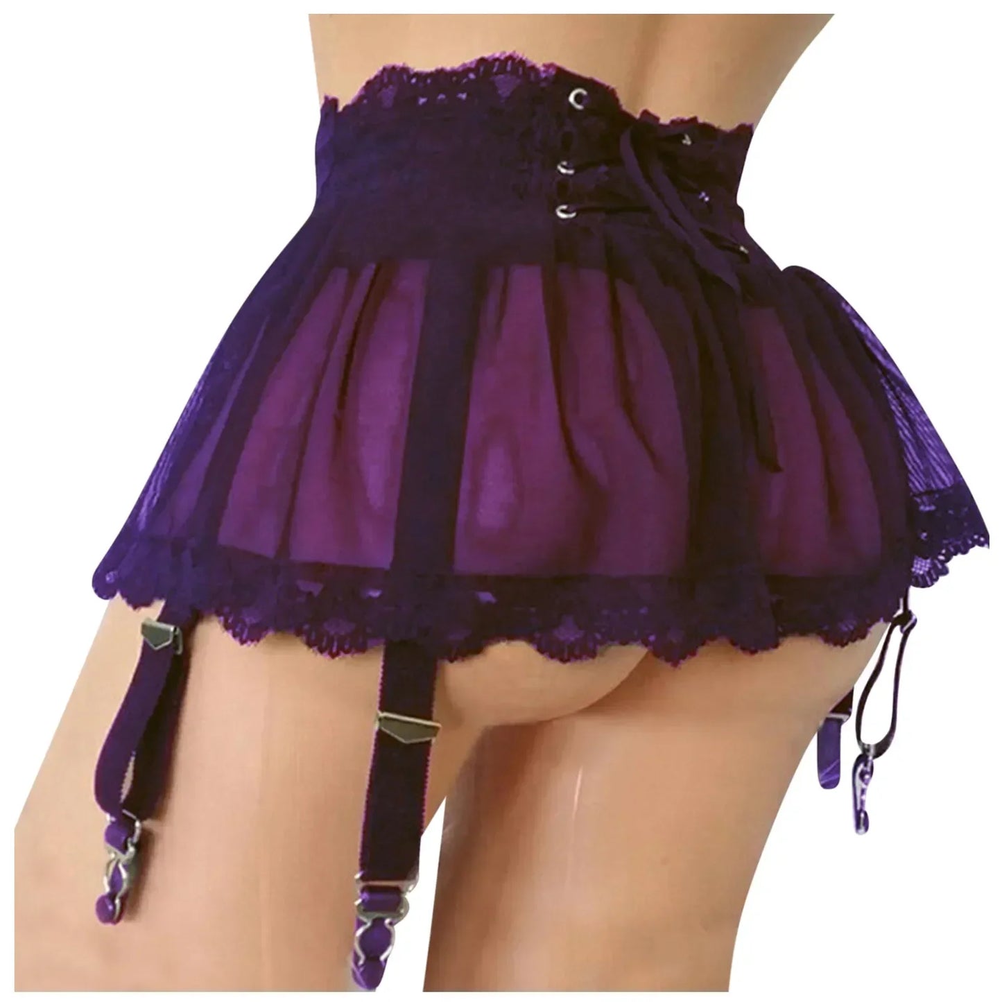 Women High Waist Lace Bandage Sexy Mini Skirt Garter Belt Adjustable Short Dress With Four-Breasted Ladies Lingerie Stockings