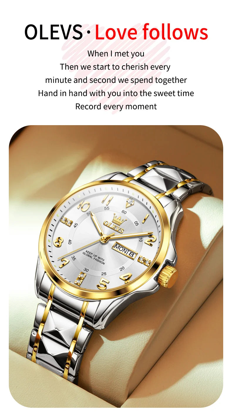 OLEVS 2910 Luxury Men Women Couple Watch Dual Calendar Display Waterproof Stainless Steel Clock Gold Diamond Couple Quartz Watch