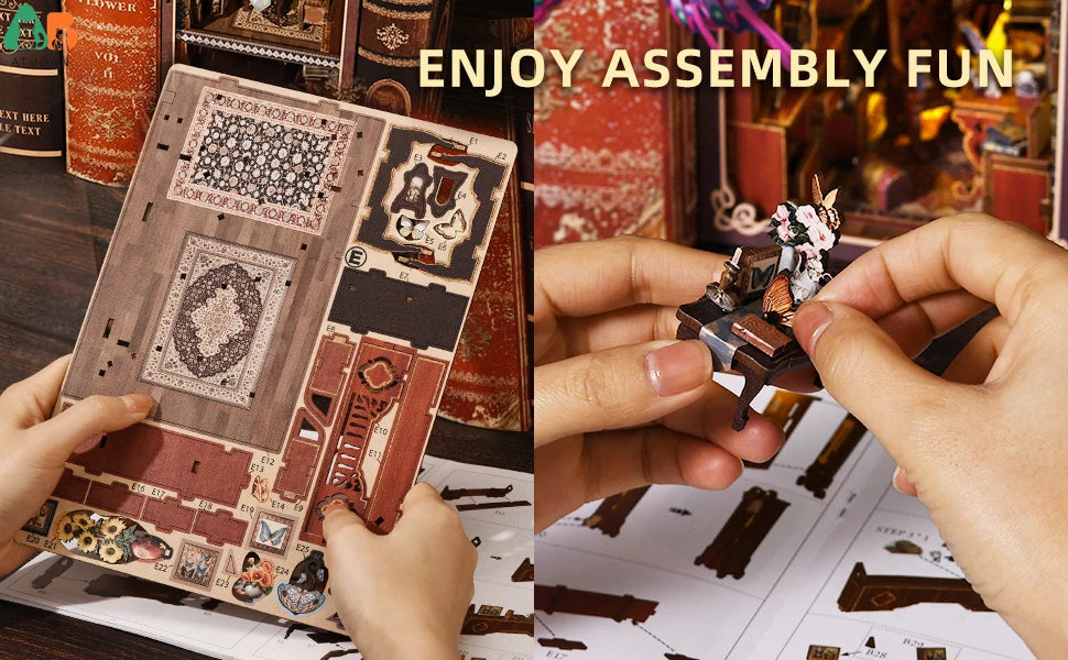 ATUBAN DIY Book Nook Kit, 3D Wooden Puzzle Miniature Dollhouse, Booknook Kit Bookend Bookshelf Insert Decor with LED Light