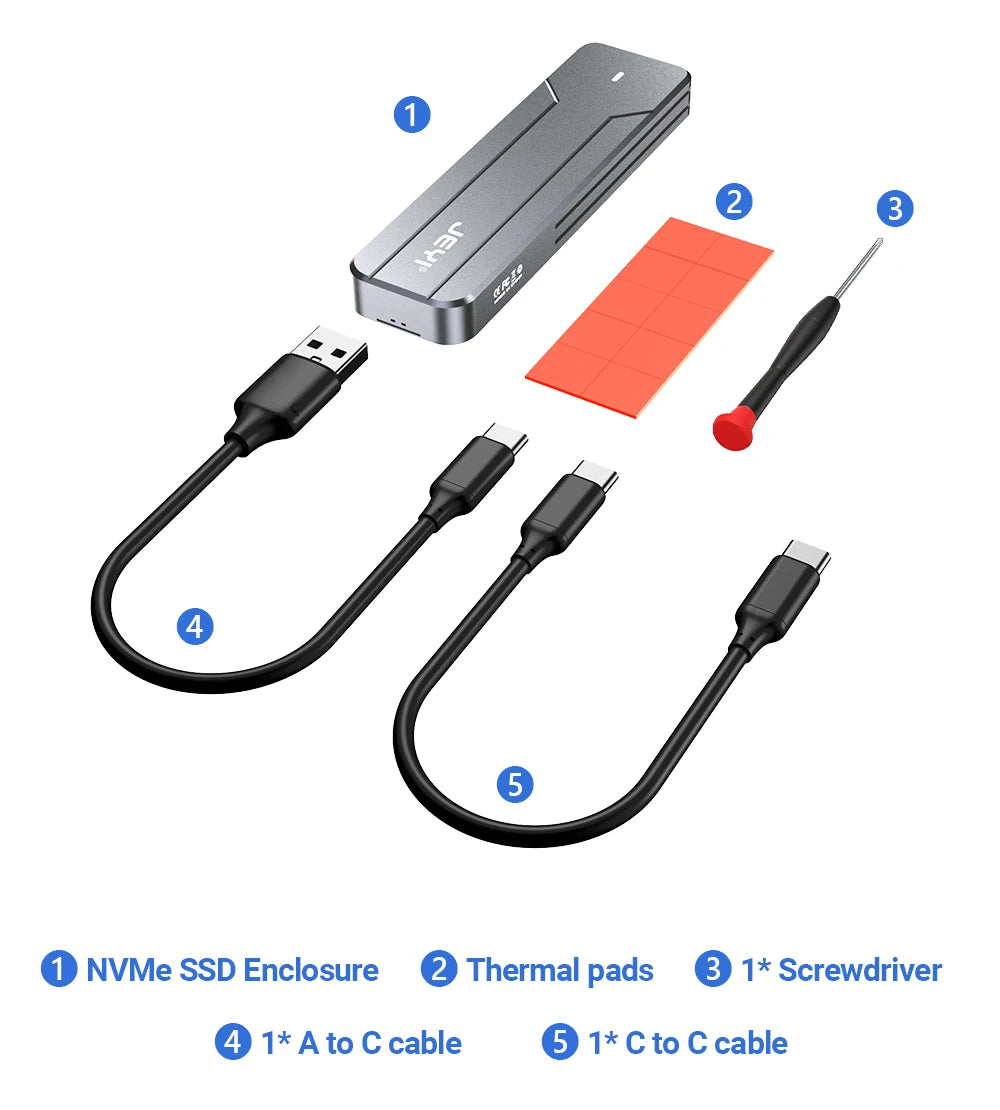 JEYI M.2 NVMe NGFF SSD Enclosure, Full Aluminum USB 3.2 Gen 2 10Gbps PCIe Or SATA 6Gbps M-Key B- Key M.2 Case Support Trim UASP