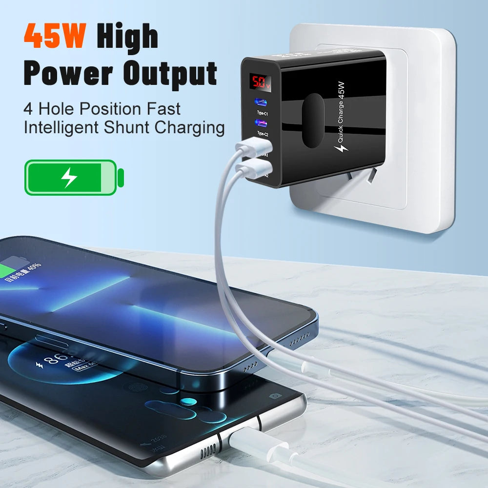 Digital Display Charger 45W USB Type C Charger Quick Charge 3.0 PD Phone Charge Adapter For iPhone Samsung Xiaomi Travel Charger