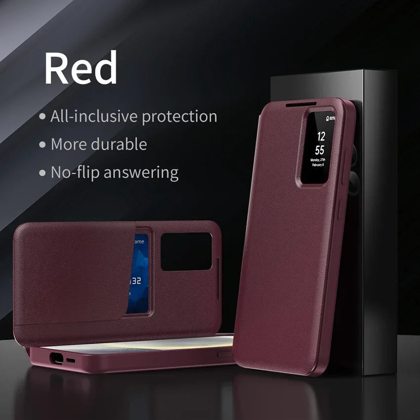 Smart Window View Leather Flip Case for Samsung Galaxy S26 S25 S24 S23 Ultra Plus No-flip Answering Card Holder Slot Book Cover