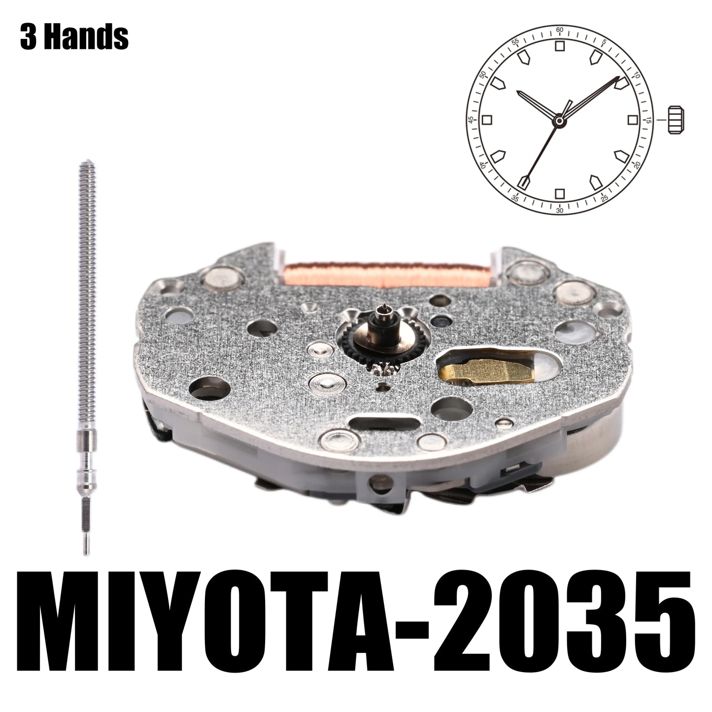 Miyota 2035 Standard｜Quartz Movements White 3 Hands Size:6 3/4×8''' Heigh:3.15mm -YOUR ENGINE- Metal movement made in Japan.