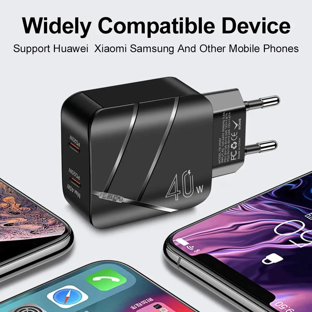 40W Charger Dual PD Fast Charging Type C Mobile Phone Adapter For Xiaomi 13 iPhone 15 14 Pro Samsung Huawei USB C Quick Charger