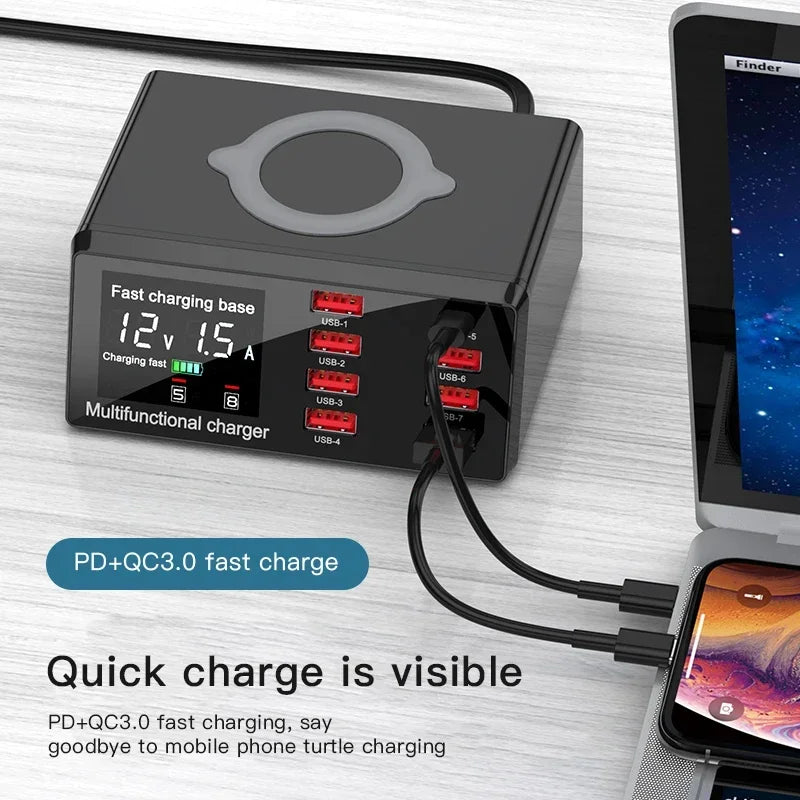 100W 8 Ports USB Charger Station Wireless Charging Digital Display Screen QC3.0 PD3.0 Quick Charge For iPhone16-12 Xiaomi Tablet