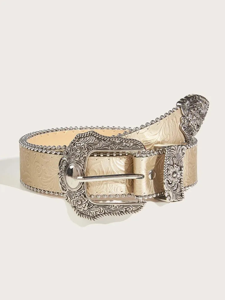 Western PU Leather Belt Western Cowboy Women Cowgirl Unisex Waist Belt with Metal Engraved Buckle