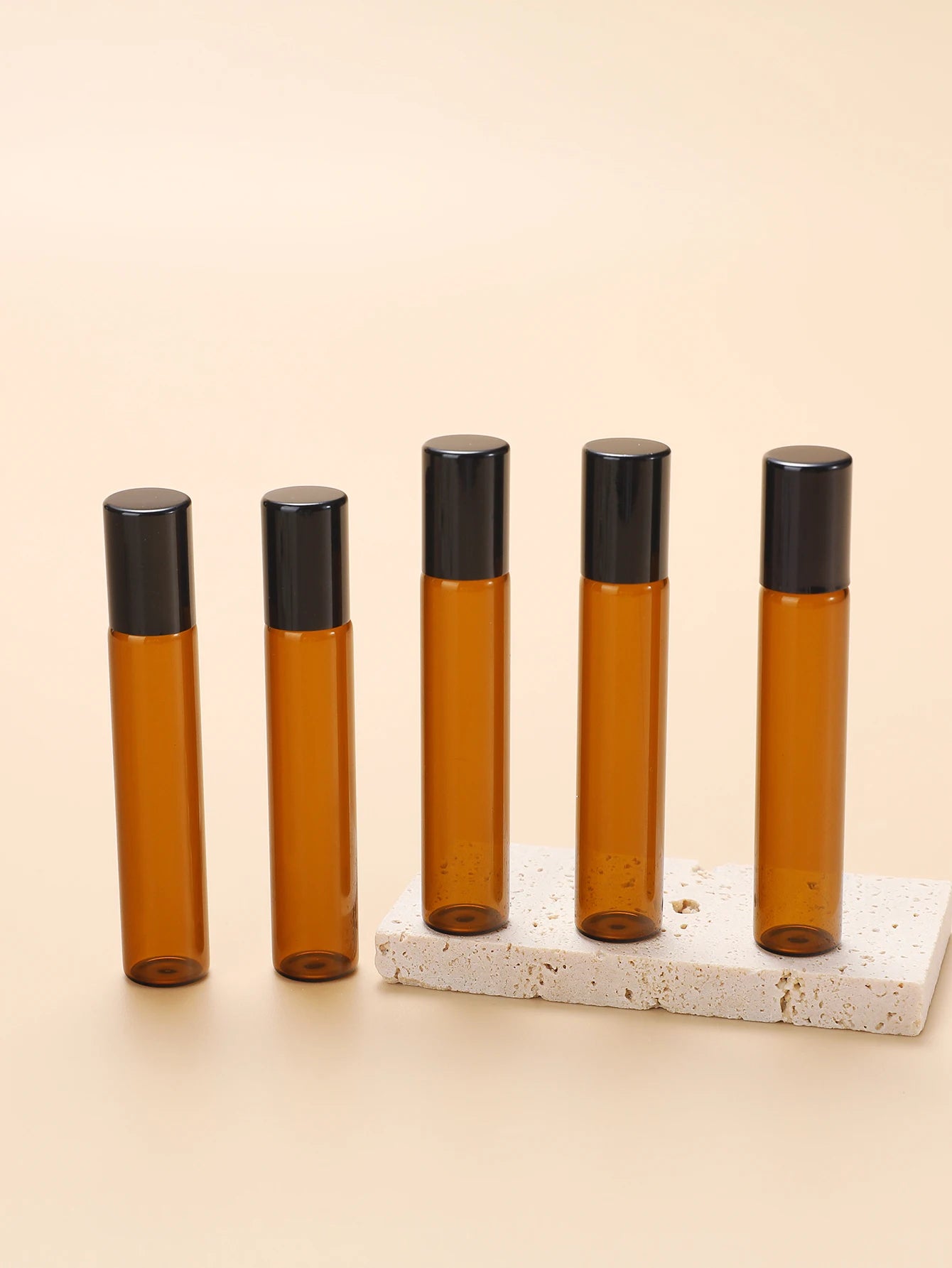 5 Refillable Glass Essential Oil Bottles, Amber Glass Bottle Rollerball Perfume Bottle, Stainless Steel Ball Hollow Travel Rolle