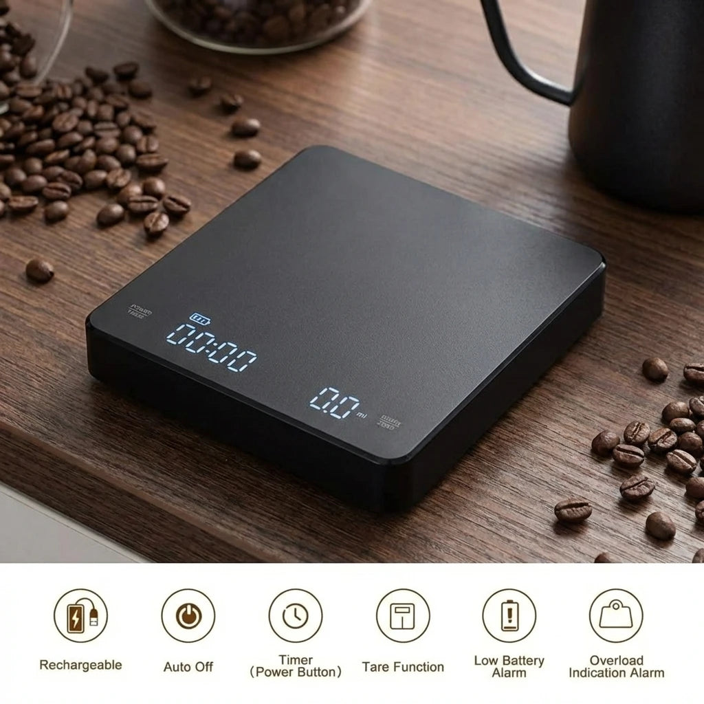 USB Digital Coffee Scale Rechargeable LED Screen 0.1g High Accuracy Kitchen Espresso Brewing Measuring Timer Scale
