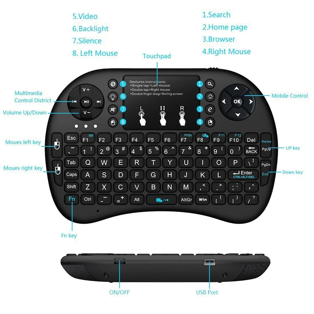 I8 Mini Wireless Keyboard 2.4G Bluetooth 7 Color Backlit English Russian Air Mouse Remote Touchpad For Android TV Box PC Laptop