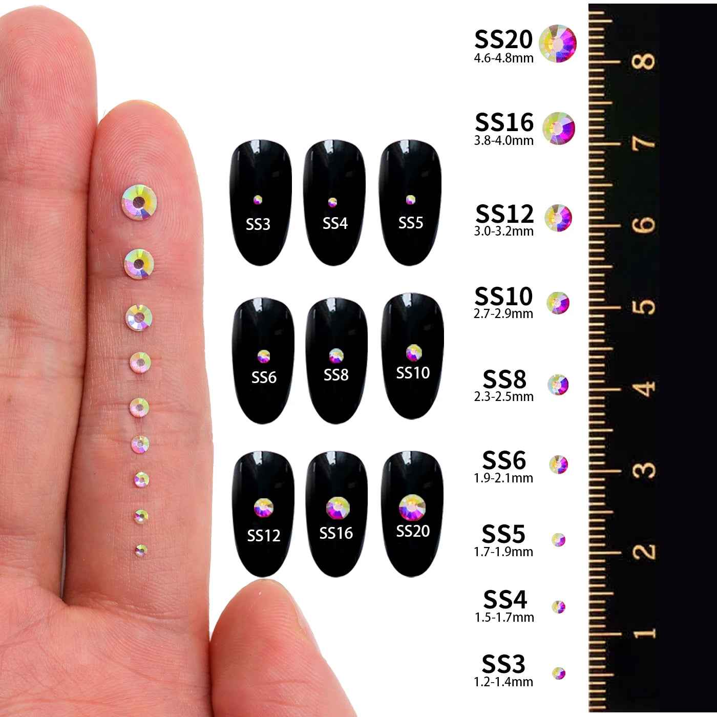 QIIY 1440Pcs Mix Size SS3-SS20 Clear Crystal FlatBack Rhinestones Non-Hotfix Glass Decorations DIY Glitter Stones 3D Nail Art