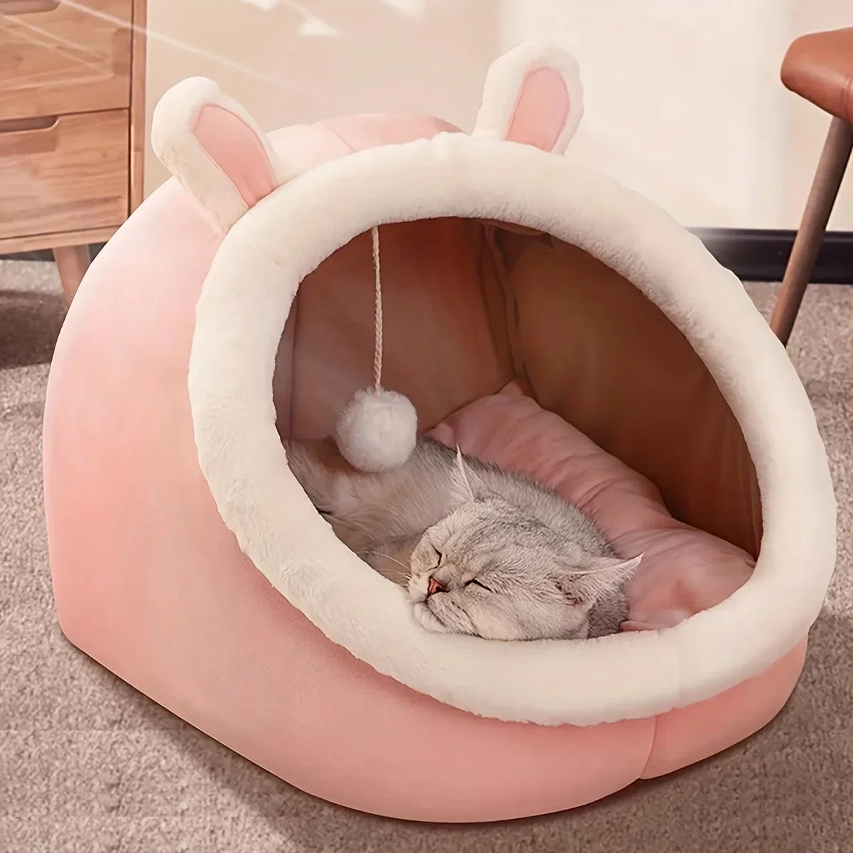 Puppy Cat Cave Bed with Washable Cushion Soft Warm Hideout Cute Pink Beds And Furniture Basket for Dog Pet Accessories