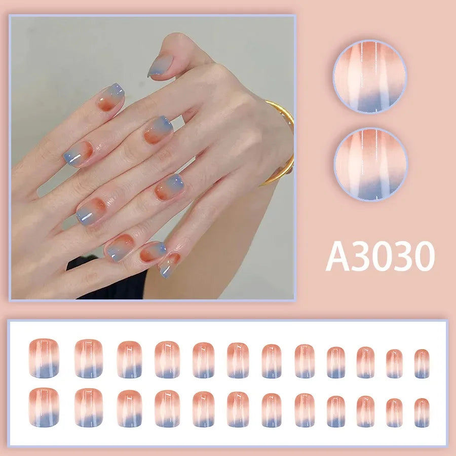 Watercolor Rose Fake Nail with Jelly sticker Press on False Nails Wearable Round Head Oval Full Cover Nail Tips