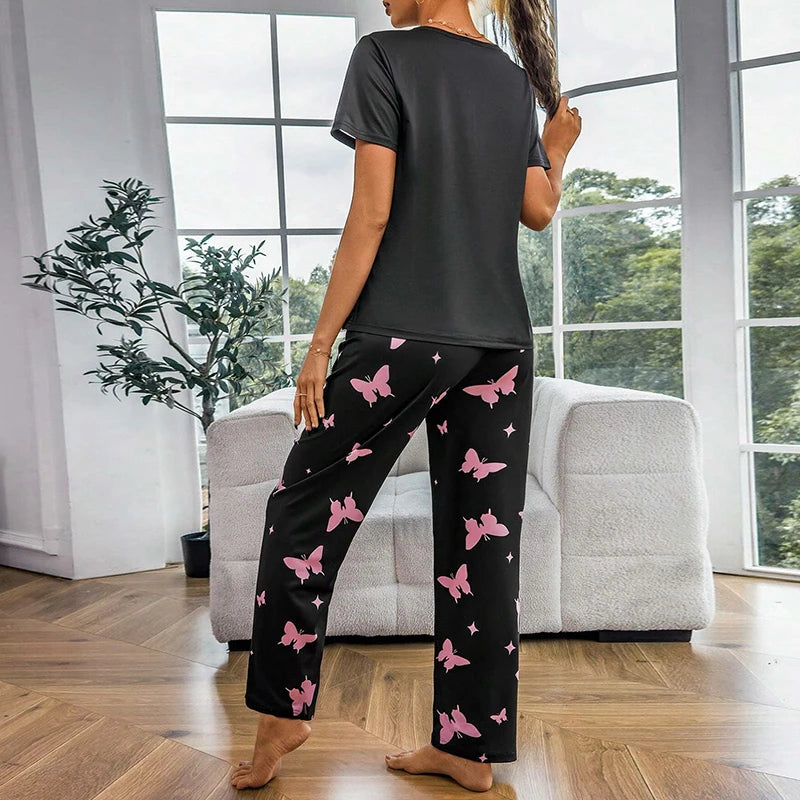 Women's Pajamas Heart & Butterfly Print Pajama Home Clothes Autumn Short Sleeve Tops & Pants Sleepwear 2 Piece Sets Loungewear