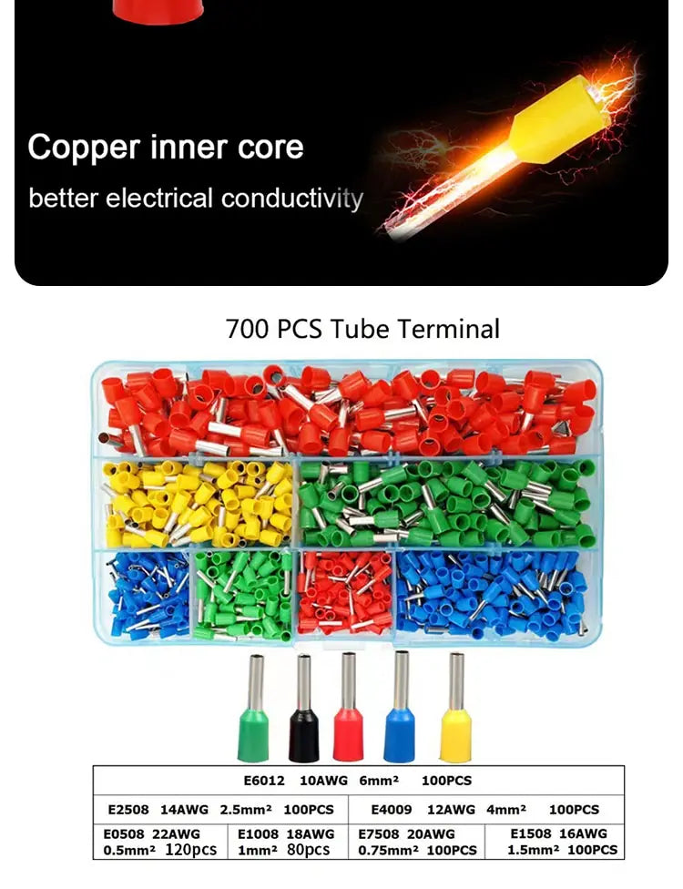 700pcs European Type Tube Terminals Wire Connector Crimper Cable Electrical Pressure Connection Ring Cold Crimp Terminals