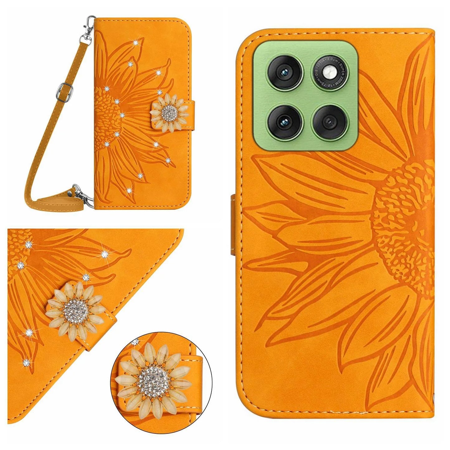 Sunflower Crossbody Wallet Book Case For VIVO V60 V50 V40 V27 V25 V23 V21 V20 T2 T1 Leather Lanyard 3 Cards Anti Drop Flip Cover