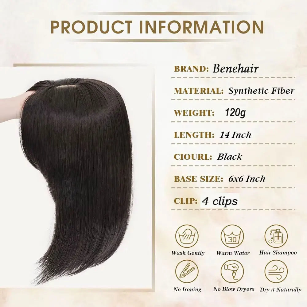 Benehair 14'' 18'' Hair Toppers with Bangs for Women Synthetic 6x6 Top Hairpieces Wigs Long Striaght Clip in Hair Extension