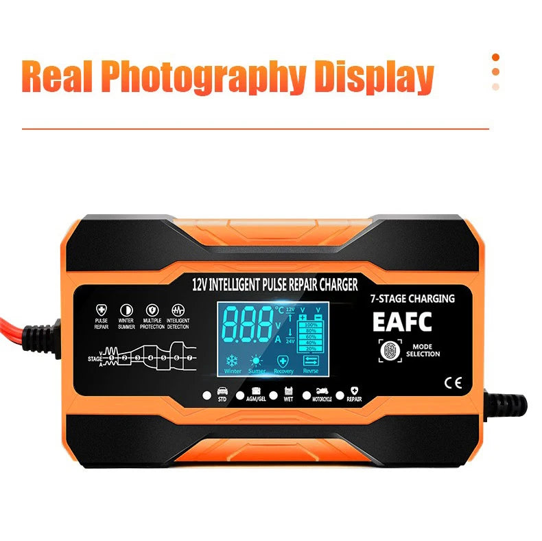 12V 24V 12A 10A Battery Charger Smart Fast Charging for Car Batteries 7-Stage Charge Pulse Repair for AGM GEL WET Lead Acid