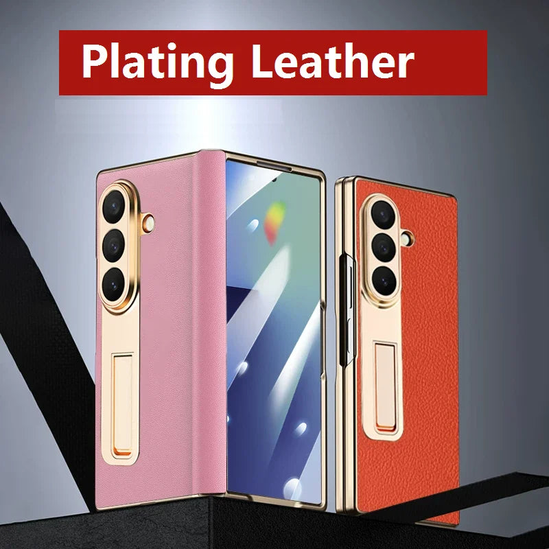 Luxury Leather Cover For Samsung Z Fold 7 6 5 Case Plating Stand Hinge Front Glass Screen