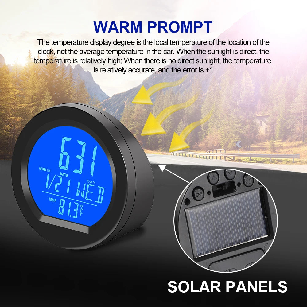 Solar Car Digital Clock Date Week Thermometer LCD Luminous Display for Dashboard Car Clock Automobiles Internal Stick-On