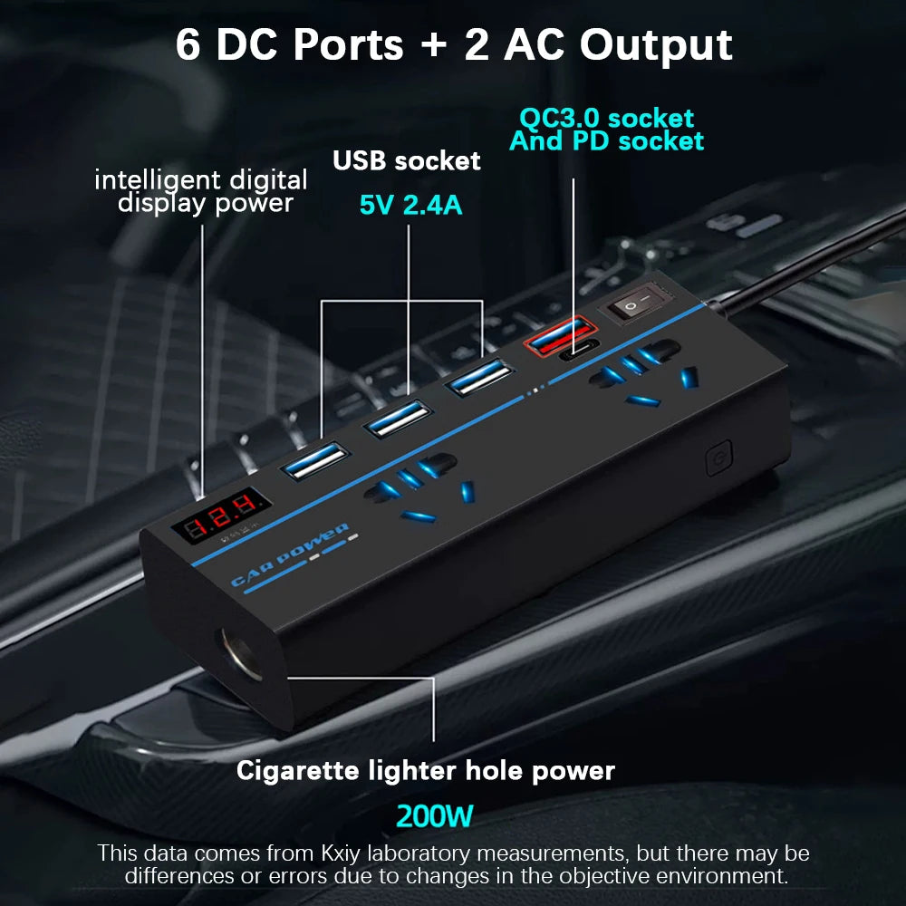 DC 12V/24V to AC 110V/220V Converter USB/PD/Type-C Chargers 200W 8 Ports Sockets ON/OFF Switch Power Adapter Car Inverter QC 3.0
