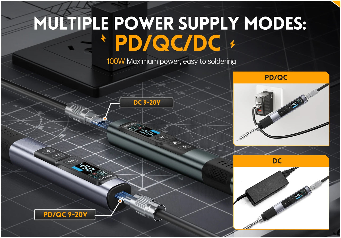 FNIRSI HS-02 Adjustable Temperature Soldering Iron DC 24V 100-450℃ Welding Solder Rework Station PD 100W Portable Repair Tool
