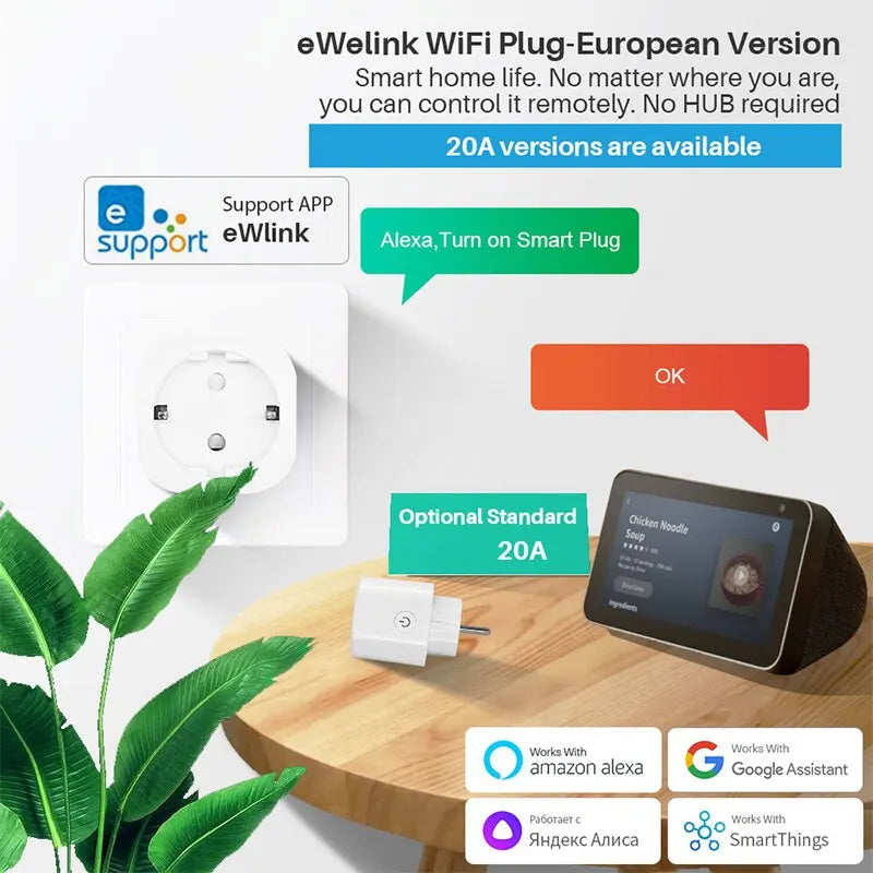 20A Wifi Smart Plug EU Socket With Power Monitoring Timing Function Voice Control Support Alexa Google Home Assistant EWelink