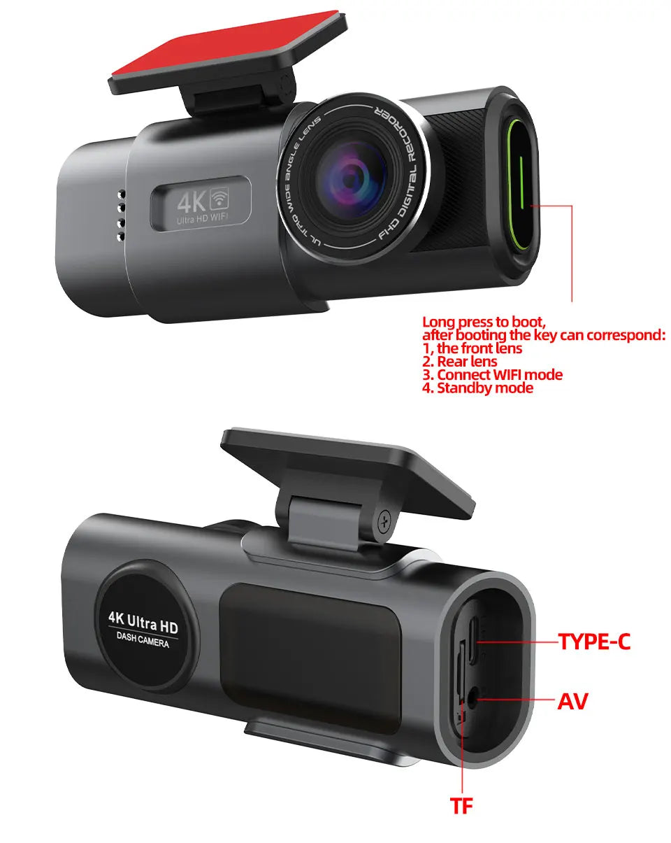 Dash Cam Dual Lens 4K UHD Recording Car Camera DVR Night Vision Video Recorder With GPS Wi-Fi Room Black Box Rear View Camera