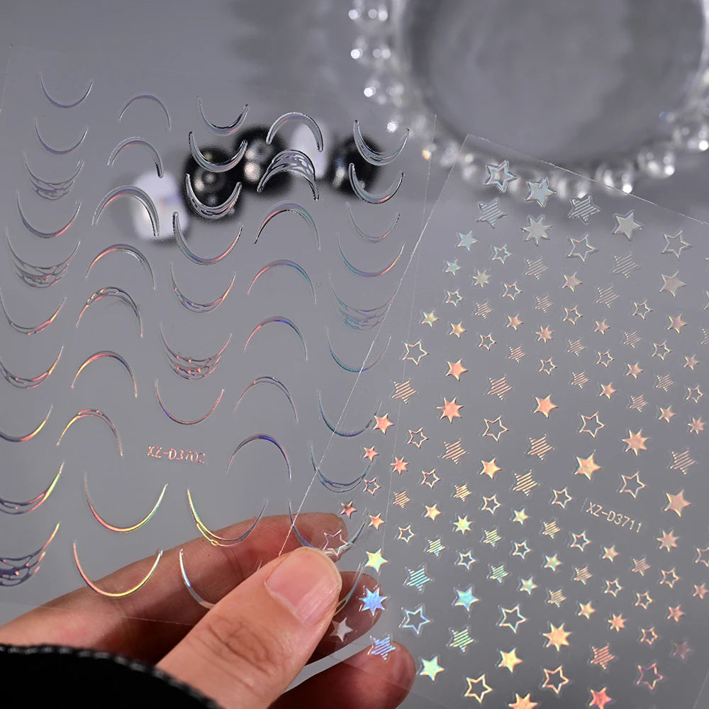12Pcs Gold/Silver Tasse/Line/Star/Moon 3D Nail Art Stickers Leaf/Geometric Design Self-adhesive Sliders Luxury Manicure Decals