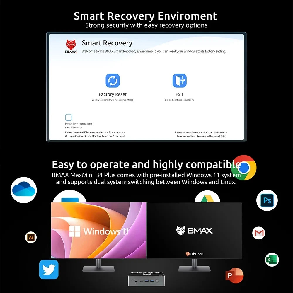BMAX B4 Plus Mini PC Windows 11 PC Intel N100 16GB DDR4 512GB SSD 2*HDMI 1*Type-C Supports 4K@60Hz 750MHz Intel UHD Graphics