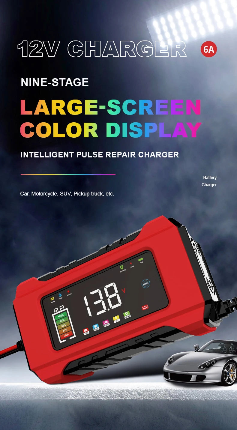 12V 6A Fully Automatic Car Battery Charger Smart Pulse Repair Color Screen for AGM GEL WET Lead Acid Charger LCD Display