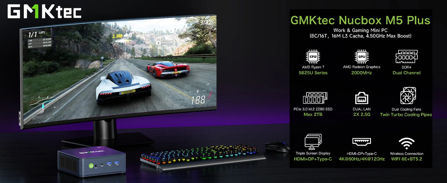 GMKtec M5 Plus Ryzen 7 5825U Mini PC Windows 11 Pro DDR4 Dual Channel NVMe M.2 SSD WIFI6E BT5.2 Desktop Office Gaming Computer