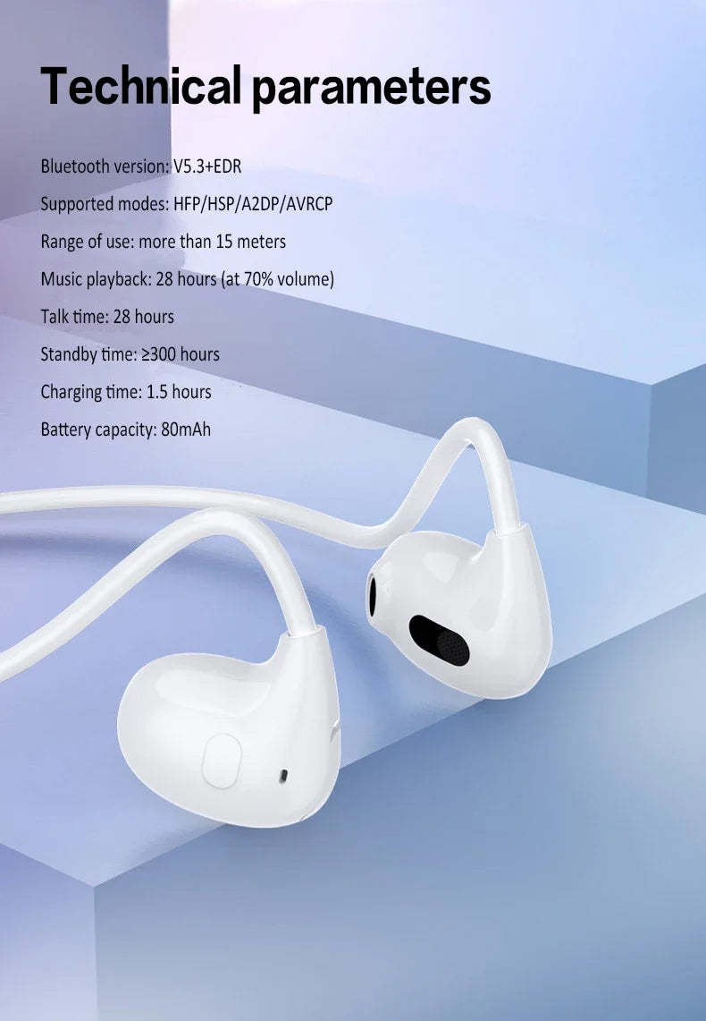 Wireless Bluetooth 5.3 Headphones Air-Conduction Waterproof Headset Stereo Over-Ear Sports Earphones Earbuds with Mic