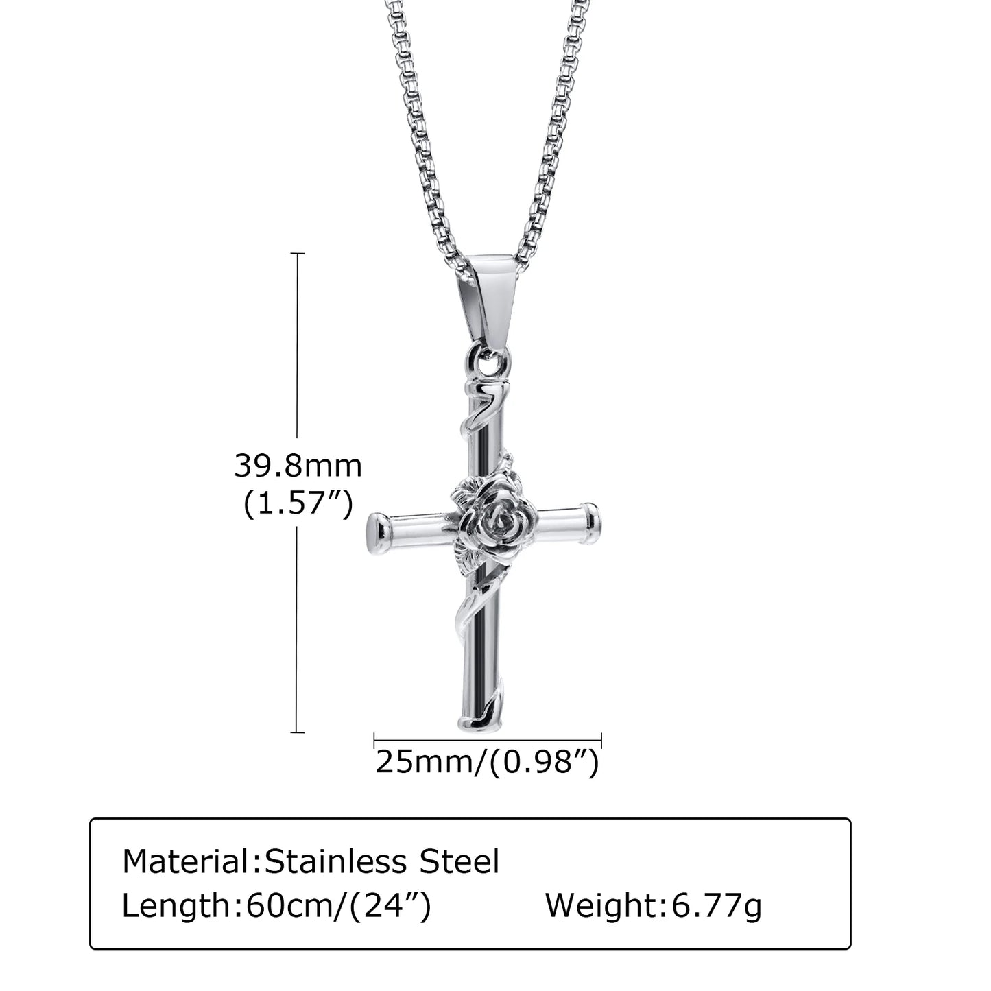 Vnox Men Cross Necklace, Stainless Steel Rose Cross Pendant with Box Chain, Unisex Cool Crucifix Jesus Faith Aesthetic Collar