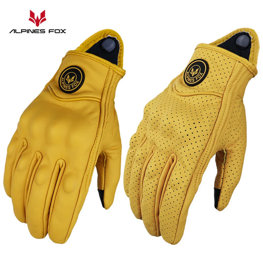 Vintage Motorcycle Gloves Leather Men Women Protective Motorbike Gloves Summer Touch Screen Perforated Motorcross Guantes Yellow