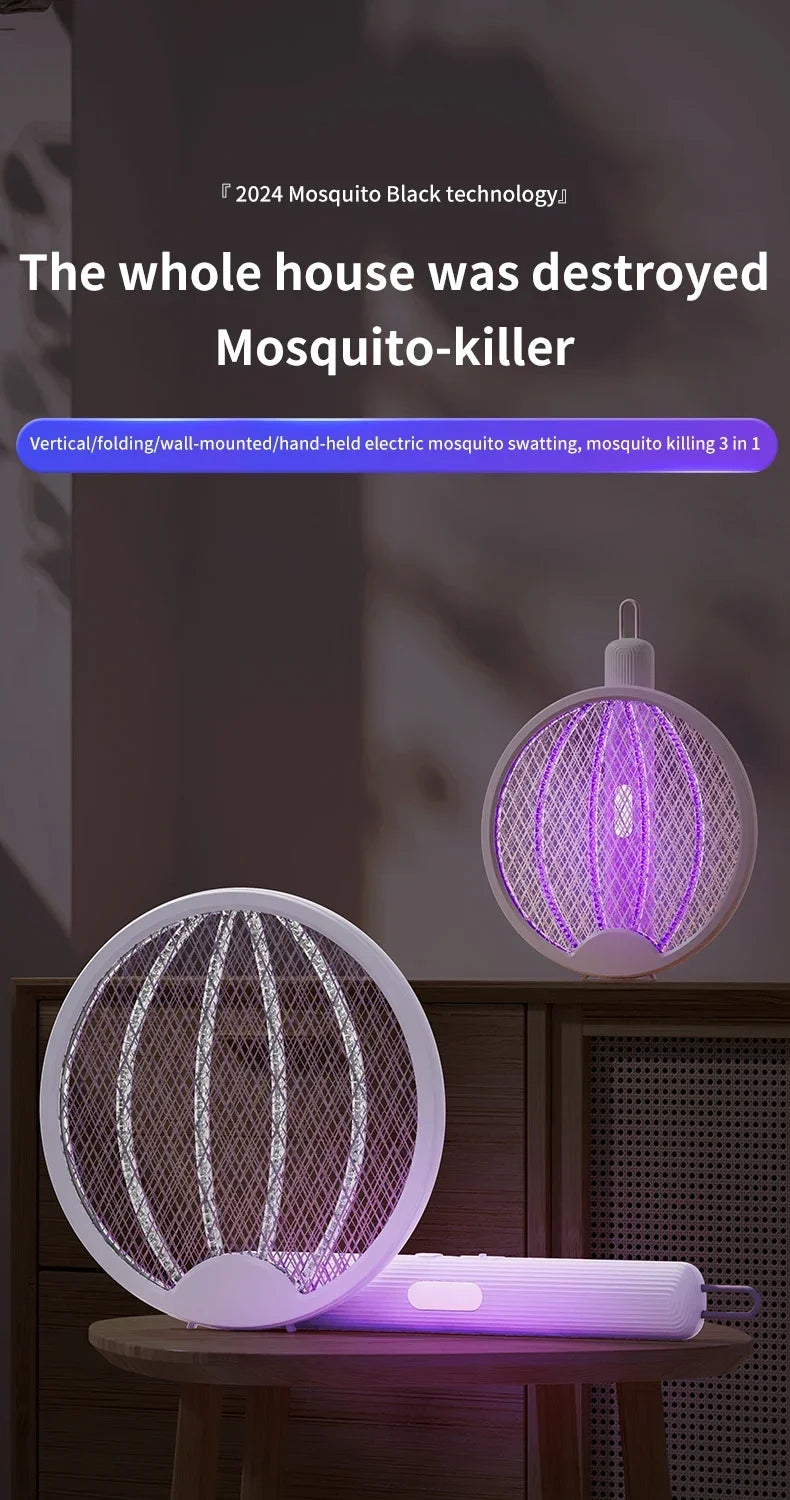 Foldable Electric Mosquito Killer Fly Swatter Trap USB Rechargeable Mosquito Racket Insect Killer with UV Light Bug Zapper 3000