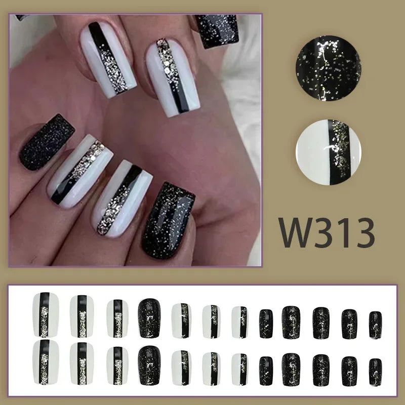 Black Ink Style Fake Nail with Jelly sticker Press on False Nails Wearable Round Head Oval Full Cover Nail Tips