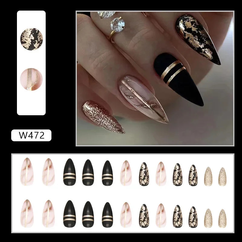 Gold Pink Wine Red 24 Pcs Fake Nail with Jelly sticker Press on False Nails Wearable Round Head Oval Full Cover Nail Tips