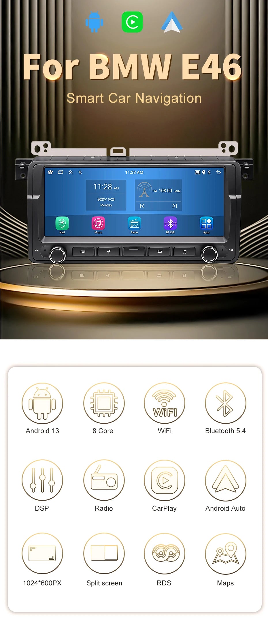 8.8" 2 Din Android 13 Auto Radio Car GPS Navigation Multimedia Player For BMW E46 320i 325i 323i 330i Stereo System Carplay Wifi