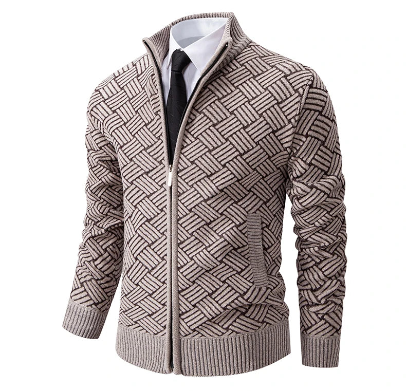 Mens Sweaters Jacket Full Zip Fleeced Sweater Cardigan Plaid Stand Collar Sweaters Coat Autumn Winter Homme Clothes