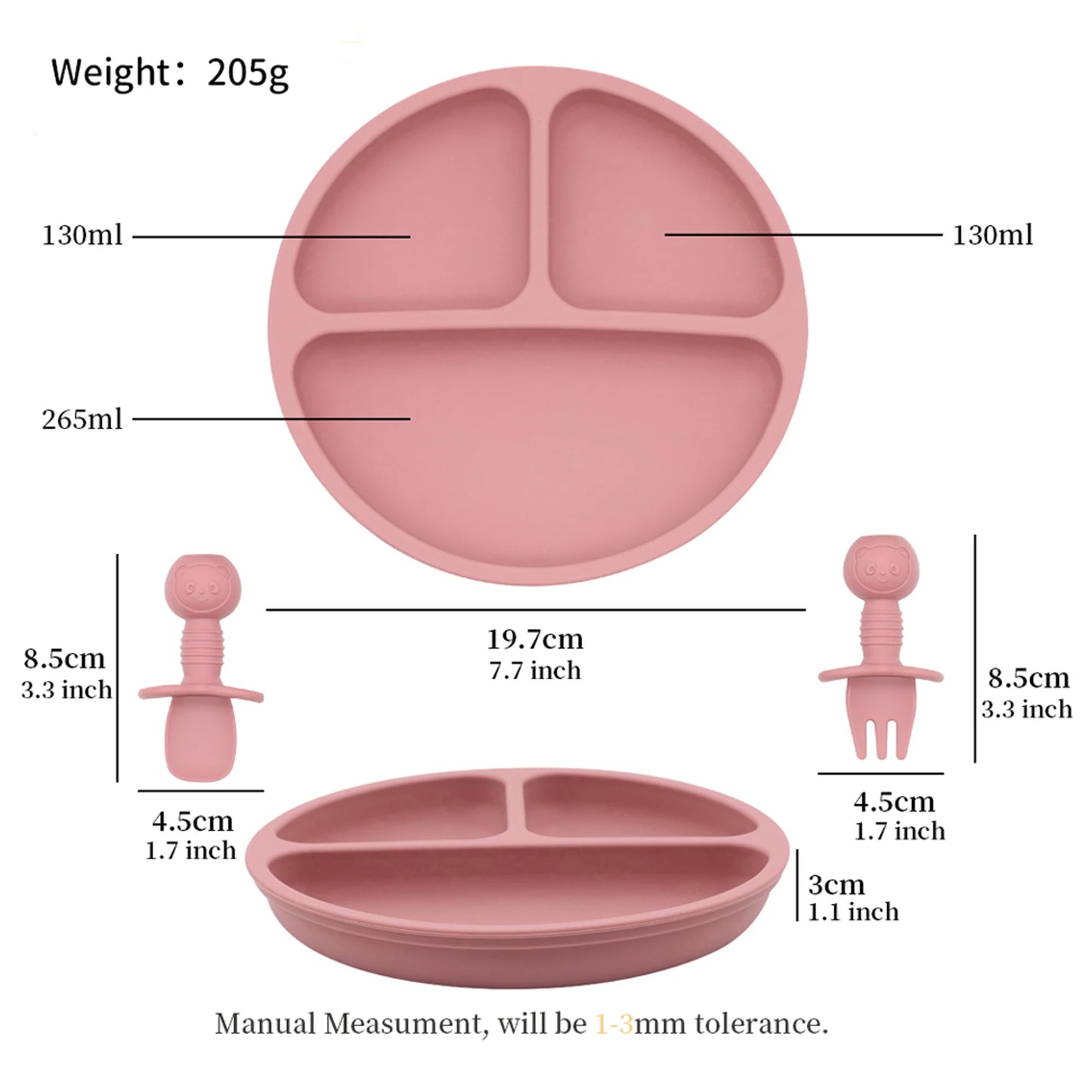 3pcs baby silicone tableware set, complementary food feeding plate, strong suction, cartoon short spoon fork, easy to grip