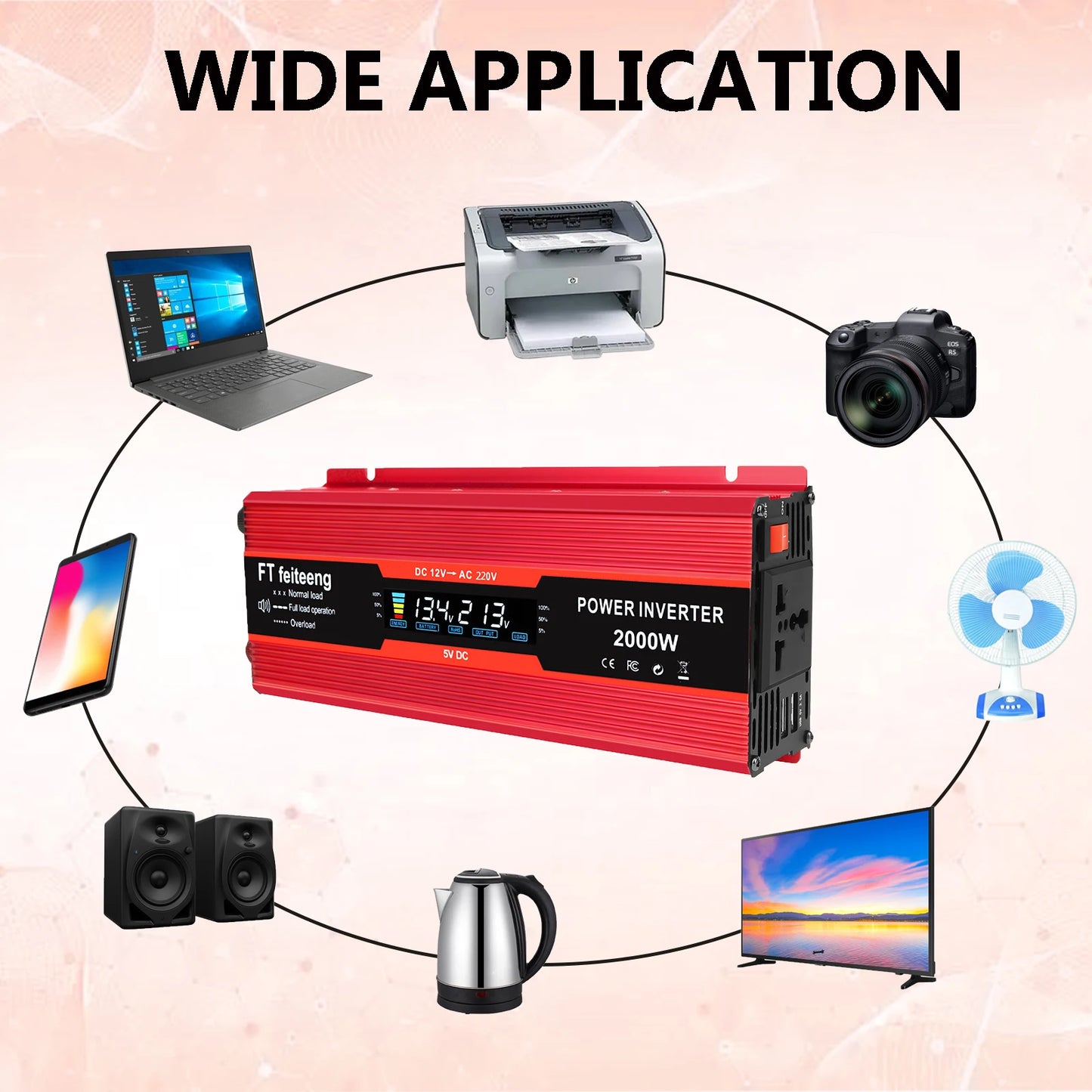 12V To 220V/230V 2000W Power Inverter LCD Display  Solar Inverter Dual USB Fast Charging for Phone Laptops Car