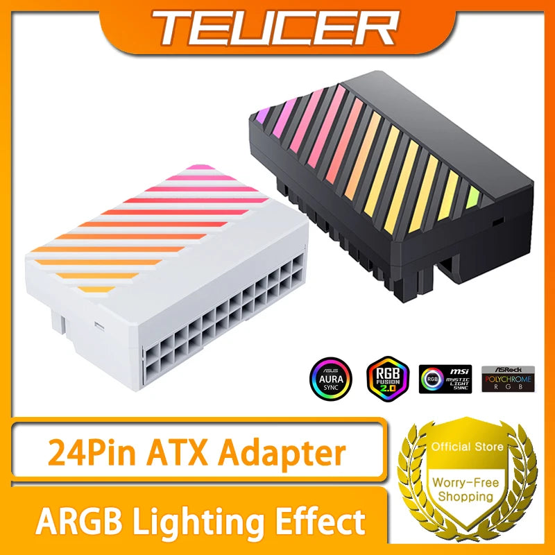 TEUCER ATX 24Pin ARGB Adapter, 90° RGB Power Cord Adapter for Computer Motherboard Power Supply