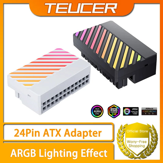 TEUCER ATX 24Pin ARGB Adapter, 90° RGB Power Cord Adapter for Computer Motherboard Power Supply
